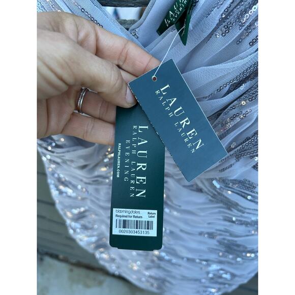 NWT Ralph Lauren Evening Dress, Gray, Ruched with Silver Sequin, V Neck, Sz 8 - Picture 5 of 7